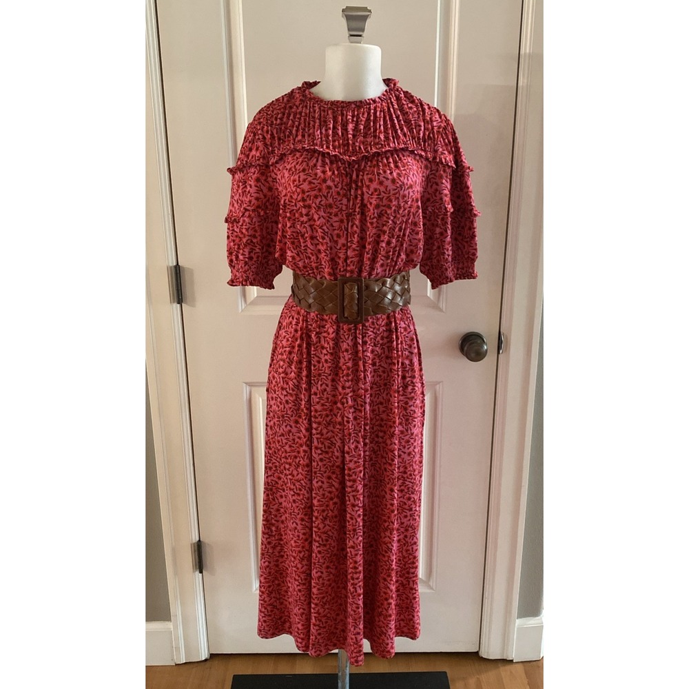Boden Womens Size 12 Pink Red Floral Midi Dress Short Sleeve Prairie Cottage